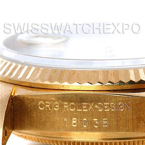 This image shows a close-up of the side and bezel of a Rolex President 18038 Men's Yellow Gold White Dial 18038 Men's Yellow Gold White Dial model with the design number 18038 engraved.
