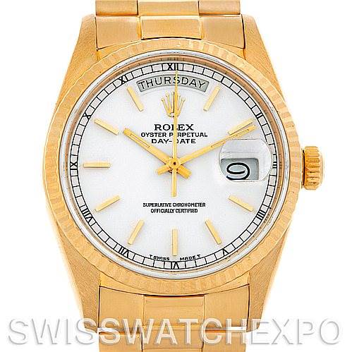 This Rolex President 18038 Men's Yellow Gold White Dial 18038 Men's Yellow Gold White Dial watch is shown from a front angle, displaying the face, hands, markers, and the bracelet.