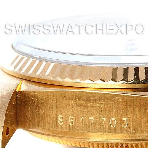 The image shows a side view close-up of the case and serial number of a Rolex President 18038 Men's Yellow Gold White Dial 18038 Men's Yellow Gold White Dial model watch.