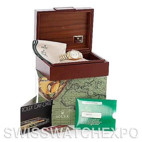 The image shows the Rolex President 18038 Men's Yellow Gold White Dial 18038 Men's Yellow Gold White Dial model watch and its accessories, including the box, booklets, and certificates.