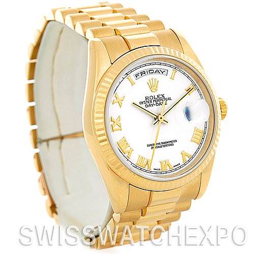 The image shows a front angle of a Rolex President 118238 Men's Yellow Gold White Dial 118238 Men's Yellow Gold White Dial model watch, highlighting the face, band, and crown.