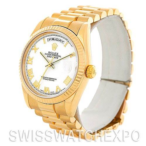 This image shows a gold Rolex President 118238 Men's Yellow Gold White Dial 118238 Men's Yellow Gold White Dial model watch from a front angle, displaying the face, bracelet, and crown.