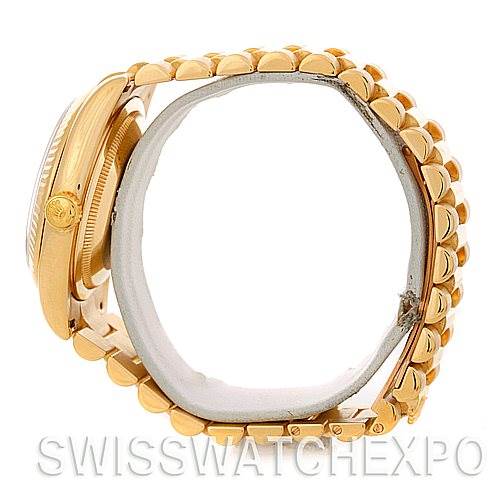 The image shows a side view of a Rolex President 118238 Men's Yellow Gold White Dial 118238 Men's Yellow Gold White Dial model watch, highlighting the crown, case, and bracelet.