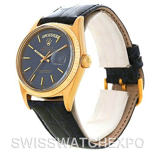 The image shows a side angle of a Rolex President 1803 Men's Yellow Gold Blue Dial 1803 Men's Yellow Gold Blue Dial watch with a leather strap and a day-date display.