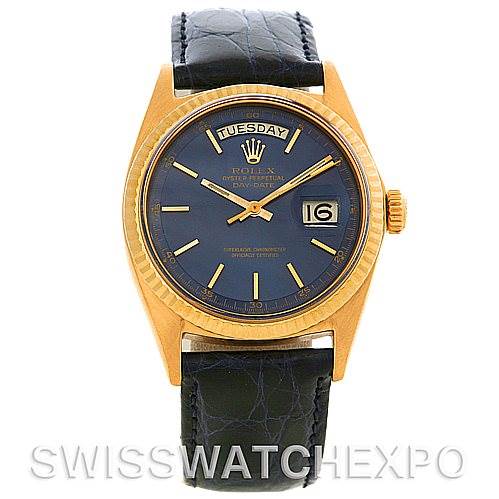 This image shows a front view of the Rolex President 1803 Men's Yellow Gold Blue Dial 1803 Men's Yellow Gold Blue Dial watch, highlighting the dial, hands, crown, and part of the leather strap.