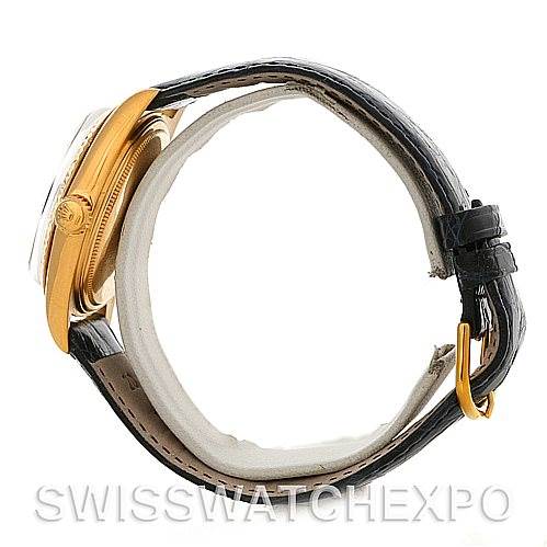 The image shows a side view of the Rolex President 1803 Men's Yellow Gold Blue Dial 1803 Men's Yellow Gold Blue Dial model watch, highlighting its case and leather strap.