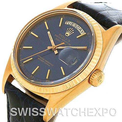 The image shows a close-up, angled view of a Rolex President 1803 Men's Yellow Gold Blue Dial 1803 Men's Yellow Gold Blue Dial watch, highlighting the face, bezel, and crown.