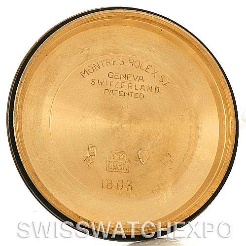 This image shows the inner case back of a Rolex President 1803 Men's Yellow Gold Blue Dial 1803 Men's Yellow Gold Blue Dial model watch, marked with brand and manufacturing details.