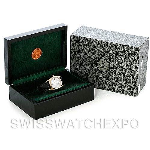 The image shows the Rolex President 18238 Men's Yellow Gold Grey Dial 18238 Men's Yellow Gold Grey Dial model watch in a green and black display box, alongside its outer packaging box.