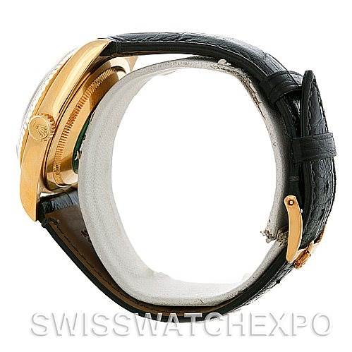 This image shows a side view of a Rolex President 18238 Men's Yellow Gold Grey Dial 18238 Men's Yellow Gold Grey Dial model watch, featuring the watch case and the leather strap.