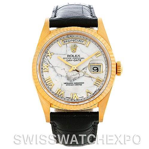 The image shows a front view of a Rolex President 18238 Men's Yellow Gold Grey Dial 18238 Men's Yellow Gold Grey Dial model watch, highlighting the dial, day-date display, and black leather strap.