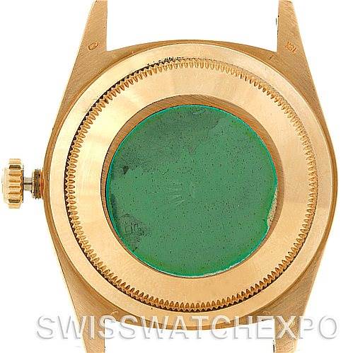 This image shows the back case and crown of a Rolex President 18238 Men's Yellow Gold Grey Dial 18238 Men's Yellow Gold Grey Dial model watch, viewed from a direct rear angle.