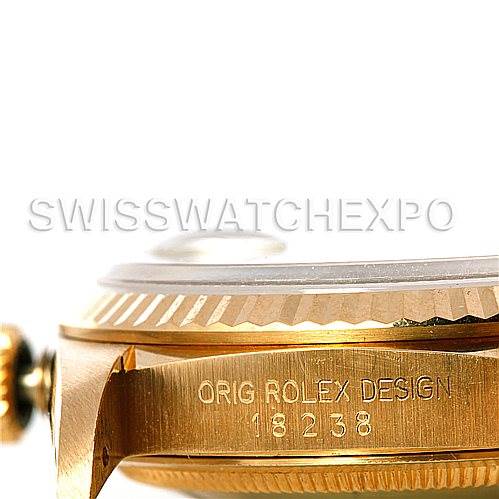 This image shows a close-up side view of the Rolex President 18238 Men's Yellow Gold Grey Dial 18238 Men's Yellow Gold Grey Dial model, highlighting the case, bezel, and crown.