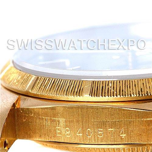 The image shows a close-up of the side profile of a Rolex President 18248 Men's Yellow Gold Black Dial 18248 Men's Yellow Gold Black Dial model, highlighting the bezel and case with visible serial number.