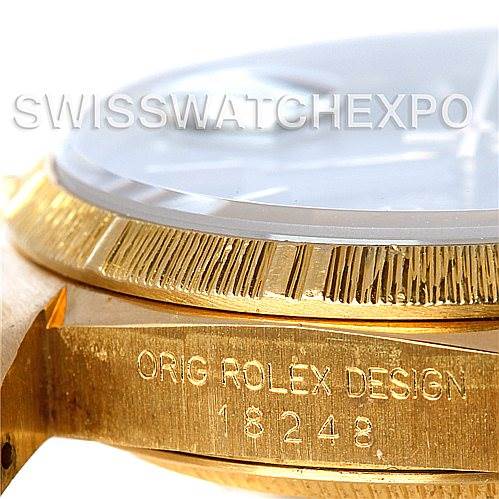 This image shows a close-up side view of the bezel and case, with the model number engraved, of a Rolex President 18248 Men's Yellow Gold Black Dial 18248 Men's Yellow Gold Black Dial watch.
