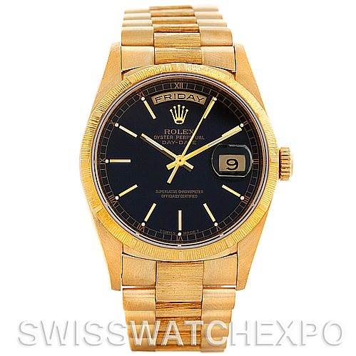 This image shows a Rolex President 18248 Men's Yellow Gold Black Dial 18248 Men's Yellow Gold Black Dial model watch from a front view, displaying its dial, bezel, bracelet, and day-date function.