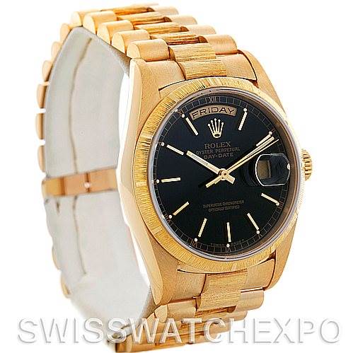 The image shows a Rolex President 18248 Men's Yellow Gold Black Dial 18248 Men's Yellow Gold Black Dial model watch from a front angle, highlighting its black dial, gold case, and bracelet.