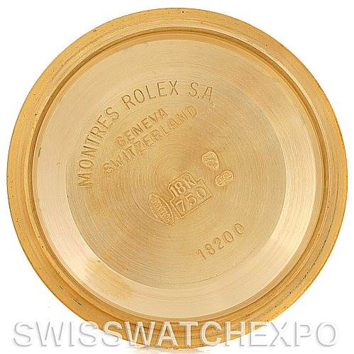 The image shows the underside of the case back of a Rolex President 18248 Men's Yellow Gold Black Dial 18248 Men's Yellow Gold Black Dial model, displaying engravings and hallmarks.