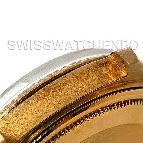 This close-up of the Rolex President 1803 Men's Yellow Gold Champagne Dial 1803 Men's Yellow Gold Champagne Dial model shows a side view detailing serial numbers and part of the watch case and bezel.
