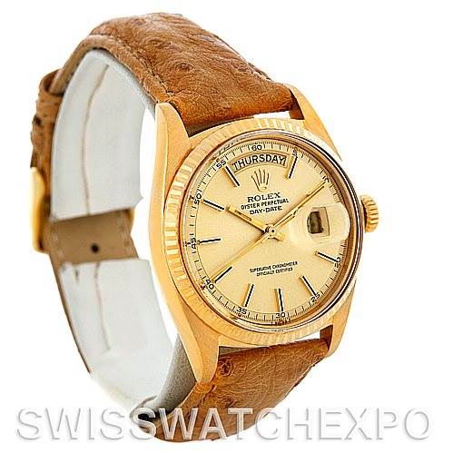 The image shows a side angle of a Rolex President 1803 Men's Yellow Gold Champagne Dial 1803 Men's Yellow Gold Champagne Dial watch, highlighting the dial, bezel, crown, and leather strap.