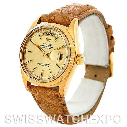 The image shows a Rolex President 1803 Men's Yellow Gold Champagne Dial 1803 Men's Yellow Gold Champagne Dial model watch at a slight angle, highlighting the face, bezel, crown, and the leather strap.