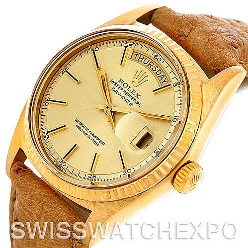 This Rolex President 1803 Men's Yellow Gold Champagne Dial 1803 Men's Yellow Gold Champagne Dial model watch is shown from a top angle, featuring its dial, bezel, crown, and leather strap.