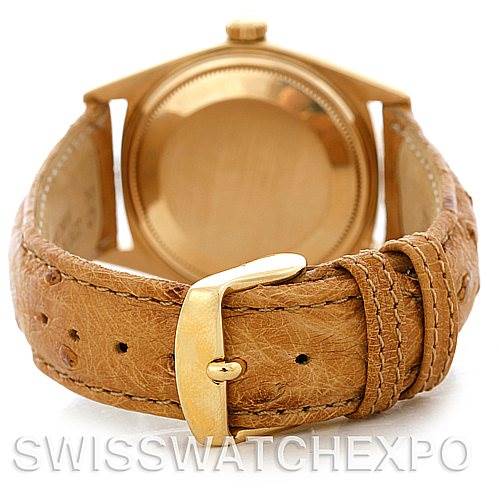 This image shows the back case and tan leather strap of a Rolex President 1803 Men's Yellow Gold Champagne Dial 1803 Men's Yellow Gold Champagne Dial model watch, taken from the rear angle.