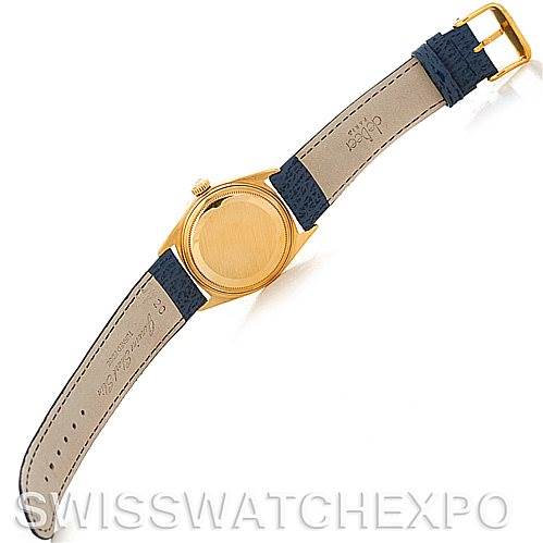The image shows the back case and leather strap of a Rolex President 1803 Men's Yellow Gold Blue Dial 1803 Men's Yellow Gold Blue Dial watch in a flat, horizontal position.