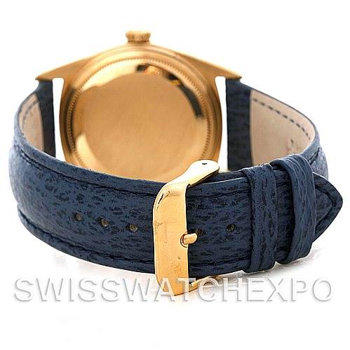 This image shows the back view of a Rolex President 1803 Men's Yellow Gold Blue Dial 1803 Men's Yellow Gold Blue Dial watch with a blue leather strap and a gold buckle.