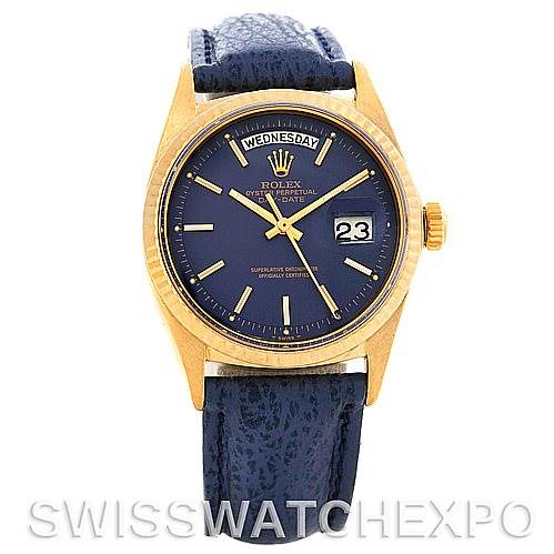 This image shows a frontal view of the Rolex President 1803 Men's Yellow Gold Blue Dial 1803 Men's Yellow Gold Blue Dial model, displaying its blue dial, gold case, date window, and blue leather strap.