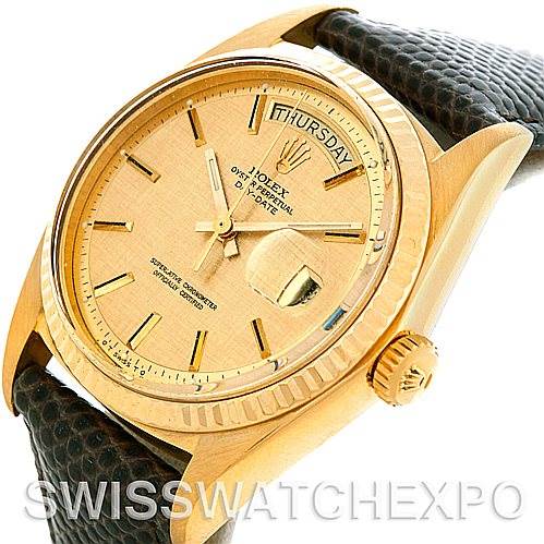 This image shows a side and slightly angled view of the Rolex President 1803 Men's Yellow Gold Champagne Dial 1803 Men's Yellow Gold Champagne Dial watch, highlighting the dial, bezel, case, and crown.