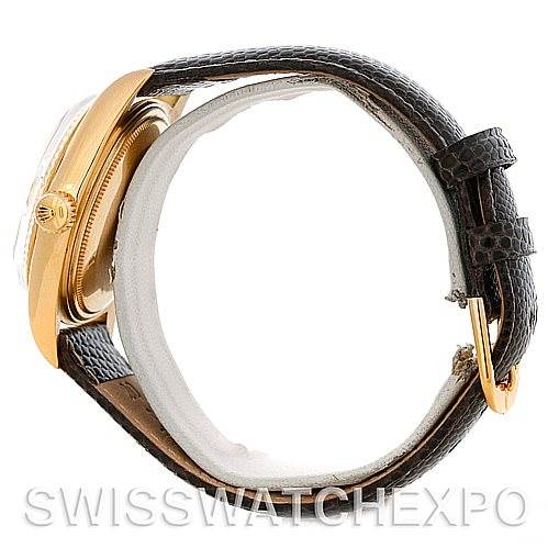 The image shows a side profile of a Rolex President 1803 Men's Yellow Gold Champagne Dial 1803 Men's Yellow Gold Champagne Dial model, highlighting its gold case and black leather strap.