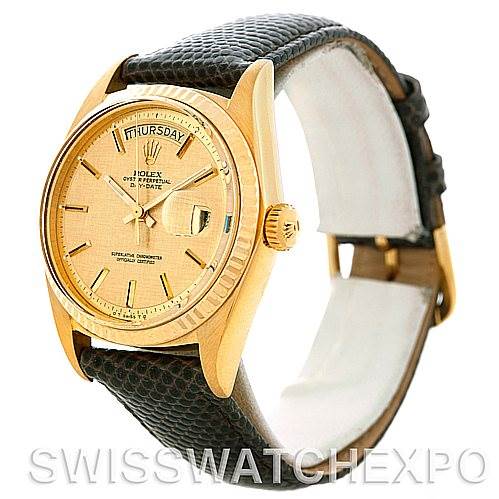 The Rolex President 1803 Men's Yellow Gold Champagne Dial 1803 Men's Yellow Gold Champagne Dial watch is shown at a slight angle, displaying the face, bezel, crown, and leather strap.