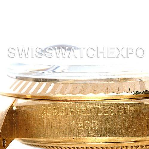 The image displays a side view of the Rolex President 1803 Men's Yellow Gold Champagne Dial 1803 Men's Yellow Gold Champagne Dial model watch, highlighting the registered design engraving.