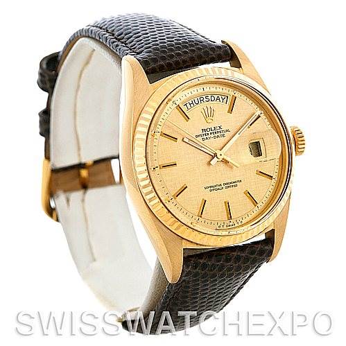 This image shows the front and side angle of a Rolex President 1803 Men's Yellow Gold Champagne Dial 1803 Men's Yellow Gold Champagne Dial model, highlighting its dial, bezel, case, and leather strap.