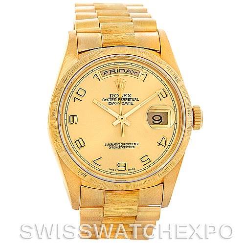 This image shows a front view of a Rolex President 18248 Men's Yellow Gold Champagne Dial 18248 Men's Yellow Gold Champagne Dial model watch, highlighting the dial, day and date display, and bracelet.