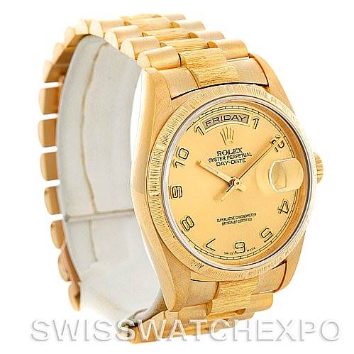 The image shows a side view of a Rolex President 18248 Men's Yellow Gold Champagne Dial 18248 Men's Yellow Gold Champagne Dial Day-Date watch, highlighting the dial, bezel, and bracelet.