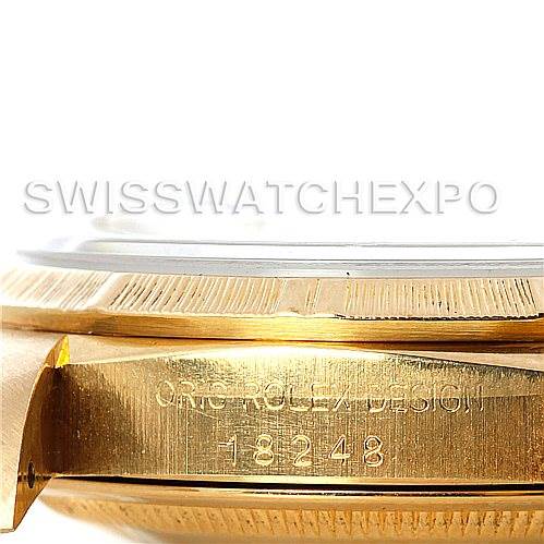 This image shows a close-up of the side of a Rolex President 18248 Men's Yellow Gold Champagne Dial 18248 Men's Yellow Gold Champagne Dial model watch, highlighting the "ORIG ROLEX DESIGN" engraving and model number 18248.