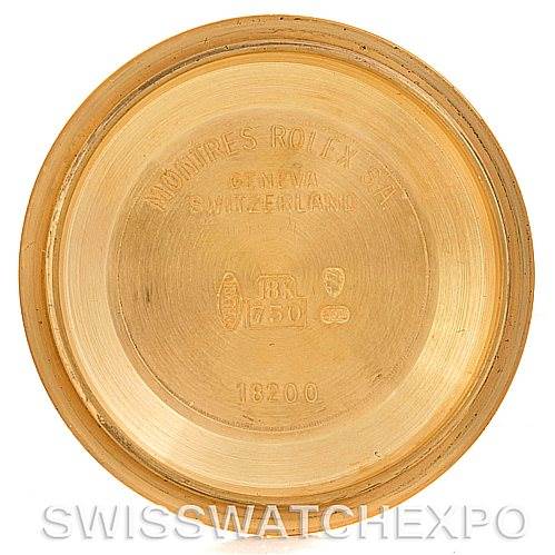 This is an interior view of the case back of a Rolex President 18248 Men's Yellow Gold Champagne Dial 18248 Men's Yellow Gold Champagne Dial model watch, displaying brand inscriptions and specifications.