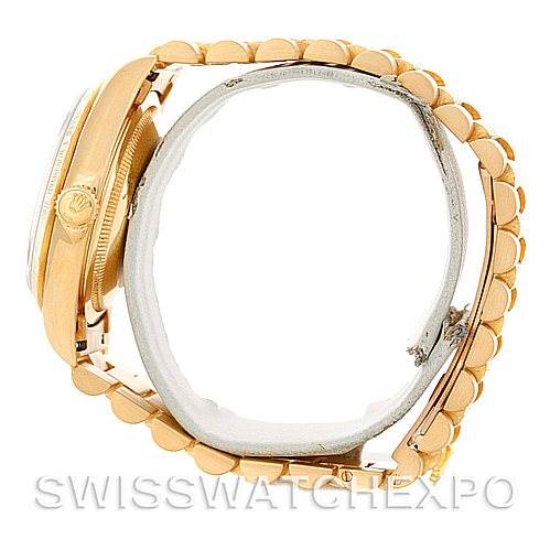 The image shows a side profile of a Rolex President 18248 Men's Yellow Gold Champagne Dial 18248 Men's Yellow Gold Champagne Dial model watch, highlighting the crown and part of the bracelet.