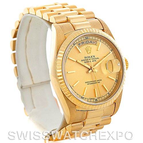 The image shows a Rolex President 18238 Men
s Yellow Gold Champagne Dial 18238 Men
s Yellow Gold Champagne Dial model watch at a slight side angle, highlighting the face, bezel, bracelet, and crown.