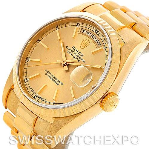 The image shows a Rolex President 18238 Men
s Yellow Gold Champagne Dial 18238 Men
s Yellow Gold Champagne Dial model watch at a three-quarter angle, highlighting the dial, bezel, crown, and bracelet links.