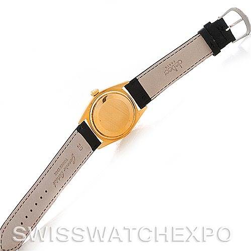 This image shows the back view of the Rolex President 1803 Men's Yellow Gold Black Dial 1803 Men's Yellow Gold Black Dial watch, displaying the case and the leather strap.