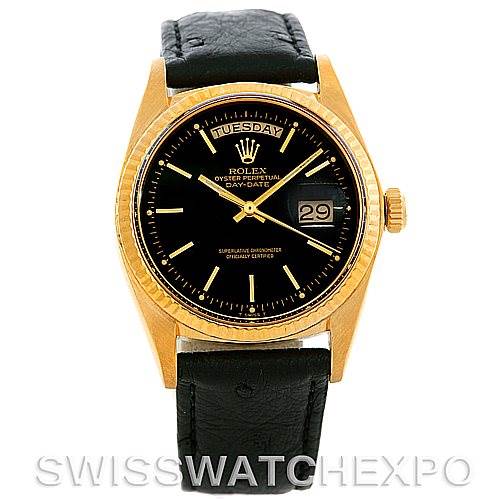 The image shows a front view of a Rolex President 1803 Men's Yellow Gold Black Dial 1803 Men's Yellow Gold Black Dial model watch with a gold case, black dial, and black leather strap.