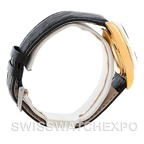 A side view shows the Rolex President 1803 Men's Yellow Gold Black Dial 1803 Men's Yellow Gold Black Dial model with its case, bezel, crown, and black leather strap.