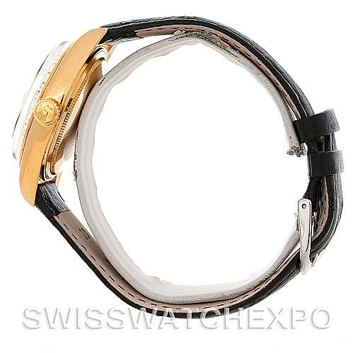 The image shows a side view of a Rolex President 1803 Men's Yellow Gold Black Dial 1803 Men's Yellow Gold Black Dial model watch, highlighting its case, crown, and strap.