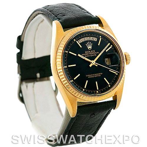 This image shows a Rolex President 1803 Men's Yellow Gold Black Dial 1803 Men's Yellow Gold Black Dial model watch at a slight angle, displaying the face, bezel, strap, and crown.