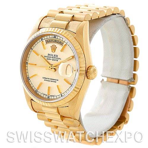 The image shows a Rolex President 18238 Men
s Yellow Gold Champagne Dial 18238 Men
s Yellow Gold Champagne Dial model watch from a front angle, highlighting the face, bezel, and bracelet.
