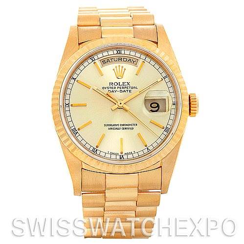 This image shows the front view of a Rolex President 18238 Men
s Yellow Gold Champagne Dial 18238 Men
s Yellow Gold Champagne Dial Oyster Perpetual Day-Date watch, including its dial, bezel, and bracelet.