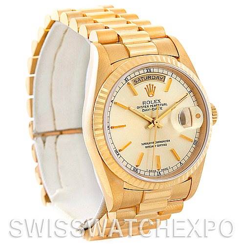 The image shows a Rolex President 18238 Men
s Yellow Gold Champagne Dial 18238 Men
s Yellow Gold Champagne Dial model watch at a three-quarter angle, highlighting its gold bracelet, dial, and date display.